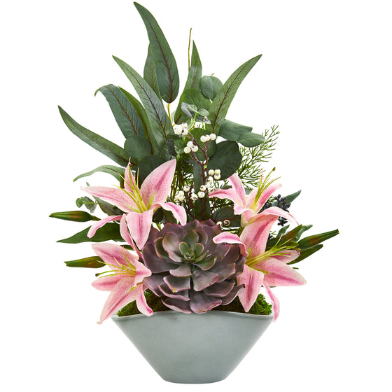 Lilies, Echeveria Succulent And Eucalyptus Artificial Arrangement