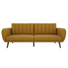  Mustard Linen Upholstered Futon Sofa Bed with Mid-Century Style Wooden Legs