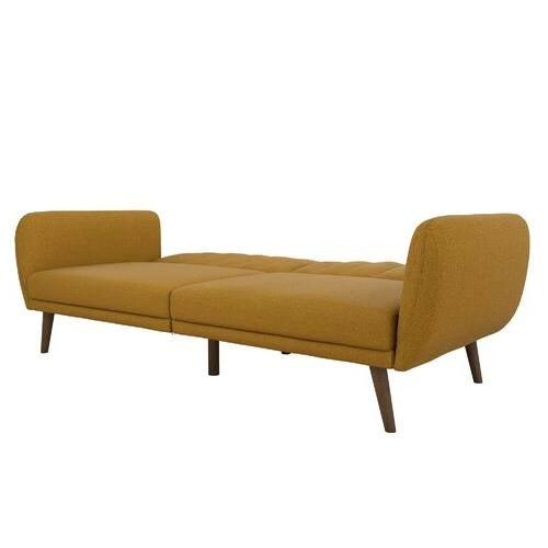 Mustard Linen Upholstered Futon Sofa Bed with Mid-Century Style Wooden Legs