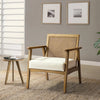 Mid-Century Style Wooden Accent Chair with Rattan Detail and Ivory Cushion