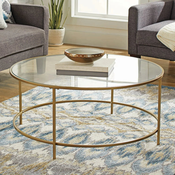 Nola -Modern Round Glass Coffee Table with Metal Frame in Gold