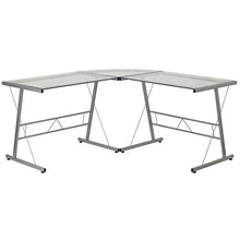  Modern Silver Metal L-Shaped Desk with Glass Top and Floor Glides