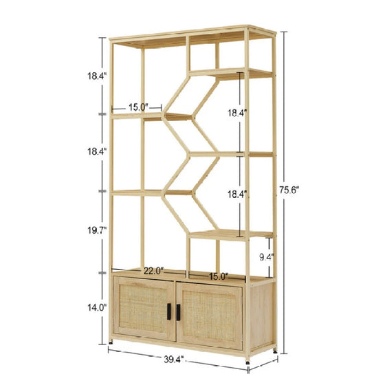 Modern Natural 5 Tiered Bookshelf with Rattan Style Cabinets