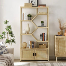  Modern Natural 5 Tiered Bookshelf with Rattan Style Cabinets