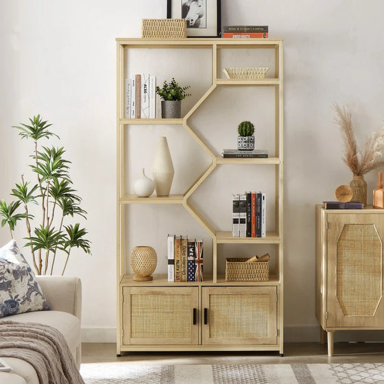 Modern Natural 5 Tiered Bookshelf with Rattan Style Cabinets