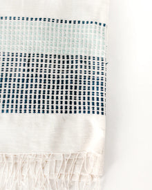  Camden  Ivory Handwoven Cotton Throw with Navy and Light Blue Detail