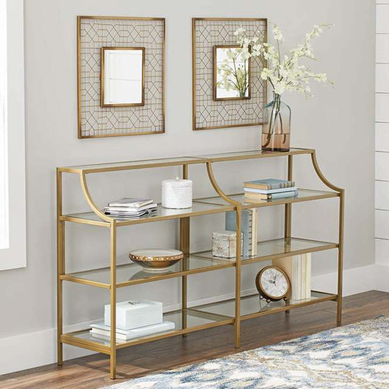 Nola Contemporary Bookshelf Console with Glass Shelves in Gold Finish