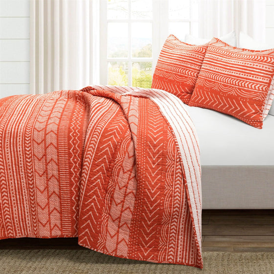 Scandinavian Chevron Orange White Stripe Reversible Cotton Quilt Set