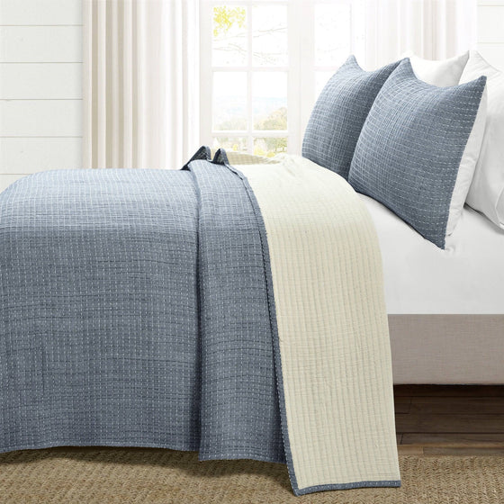 3-Piece Reversible Woven Cotton Quilt Set in Navy & Cream