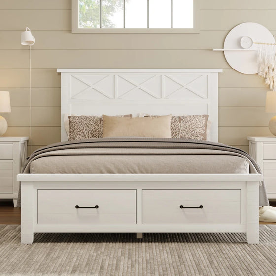 Queen White Farmhouse Style Bed with Drawers