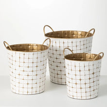  Set of 3 White and Gold Etched Storage Buckets