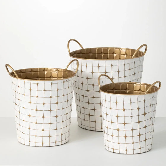 Set of 3 White and Gold Etched Storage Buckets