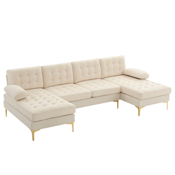 Modern U-Shaped Ivory Sectional Sofa with Tuft Cushions and Brass Feet