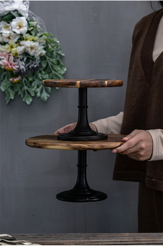 Rustic Wooden Cake Stand with Black Base