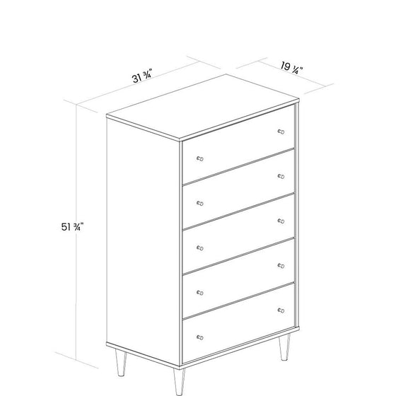 White Mid-Century 5 Drawer Tall Boy Dresser