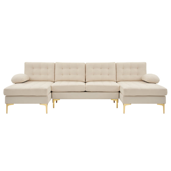 Modern U-Shaped Ivory Sectional Sofa with Tuft Cushions and Brass Feet