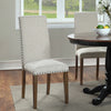 Set of 2 -Upholstered Light Beige Dining Chairs with Mocha Wood Legs and Copper Nail Trim Detailing