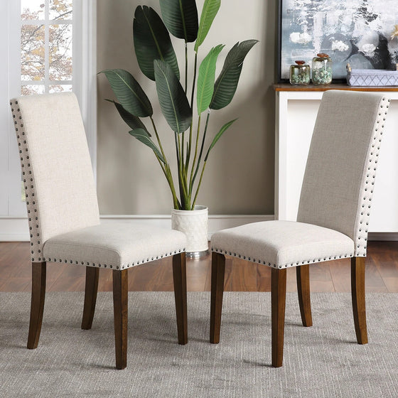 Set of 2 -Upholstered Light Beige Dining Chairs with Mocha Wood Legs and Copper Nail Trim Detailing