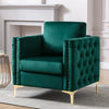 Velvet Accent Chair with Tufted Detail, Nail head Trim, and Brass Legs