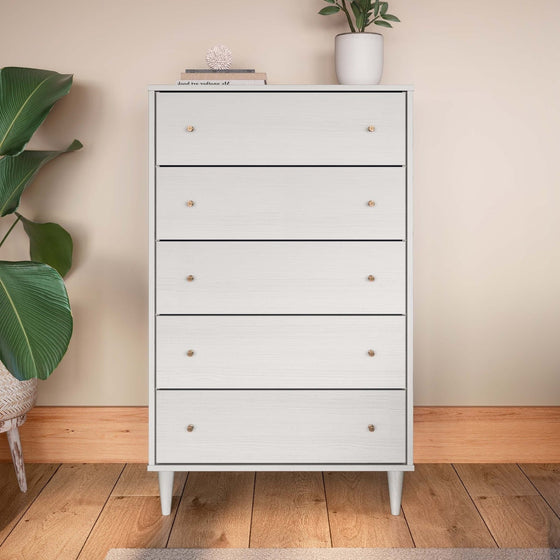 White Mid-Century 5 Drawer Tall Boy Dresser