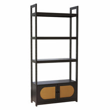  4 Tired Black Bookshelf with Woven Cane Cabinets -70" Tall