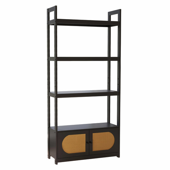 4 Tired Black Bookshelf with Woven Cane Cabinets -70" Tall