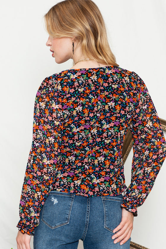 Black V Neck Bubble Sleeve Floral Blouse