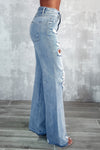 Sky-Blue Vintage Distressed Ripped Wide Leg Jeans