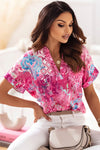 Pink Abstract Floral Print Split V Neck Top