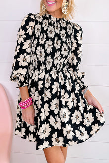  Black Floral Print Smocked Bracelet Sleeve Mini Dress