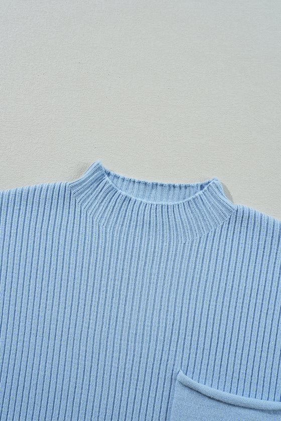 Oatmeal Patch Pocket Ribbed Knit Short Sleeve Sweater