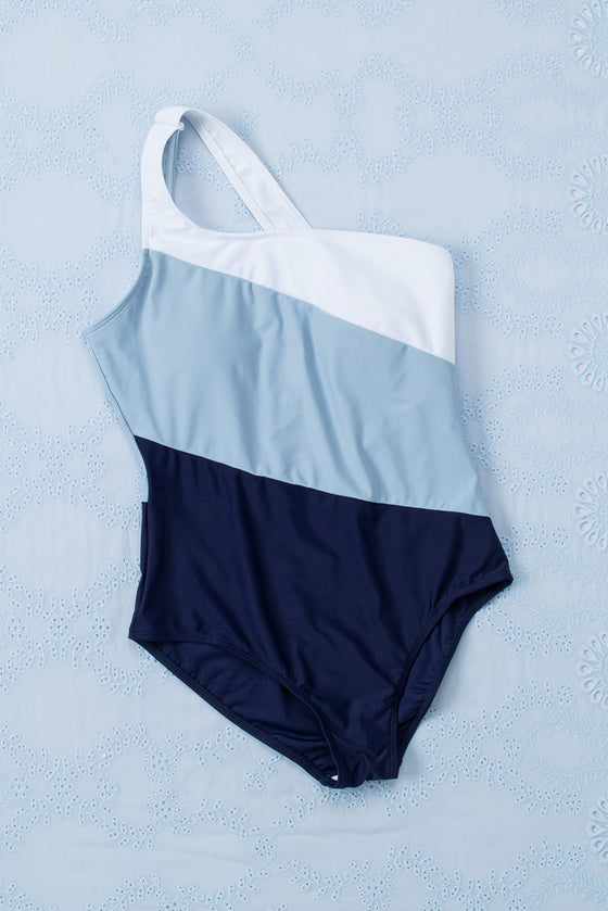 Light Blue Color Block Backless Asymmetric One-Piece Swimsuit