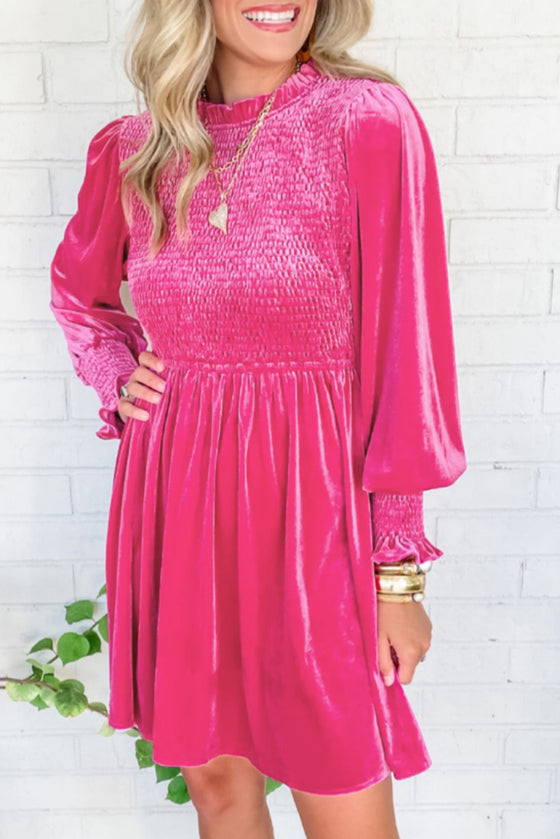 Rose Red Smocked Lantern Sleeve Frilled Velvet Dress | Available in Other Colors