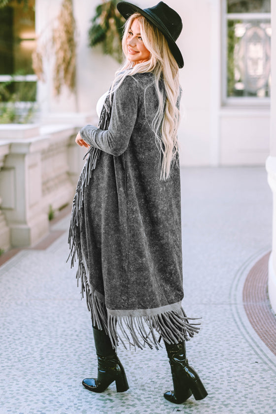 Black Mineral Washed Tassel Open Front Long Cardigan