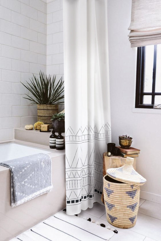 White Shower Curtain with Black Nordic Style Design