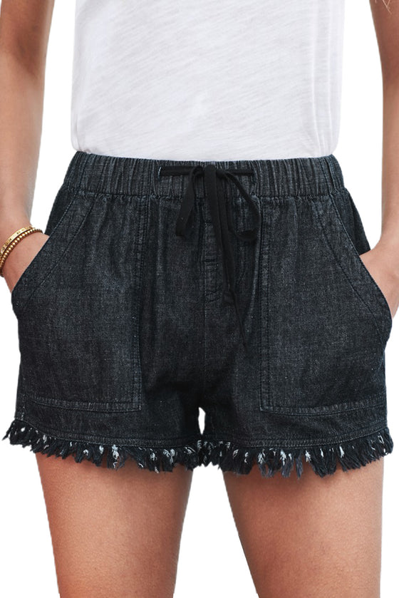 Black Drawstring Pocketed Frayed Hem Denim Shorts | Available in 3 Colors