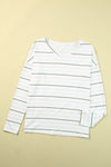 White Striped V Neck Long Sleeve Shirt