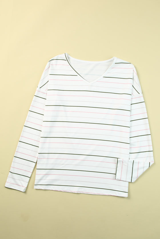 White Striped V Neck Long Sleeve Shirt