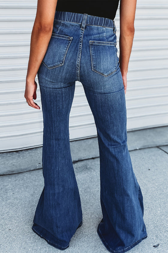 Dark Blue Elastic High Waist Flared Jeans