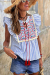 Sky Blue Stripe Geometric Tassel Tied Ruffle Blouse