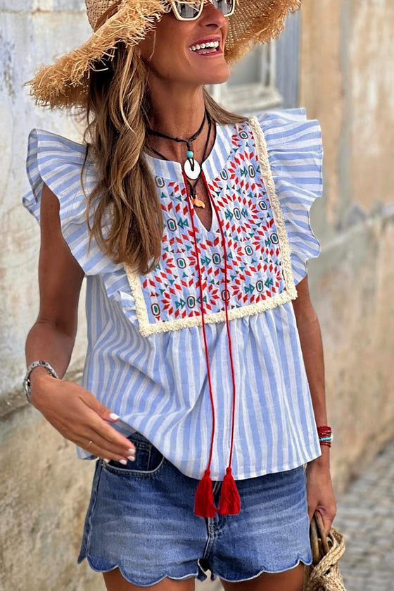 Sky Blue Stripe Geometric Tassel Tied Ruffle Blouse