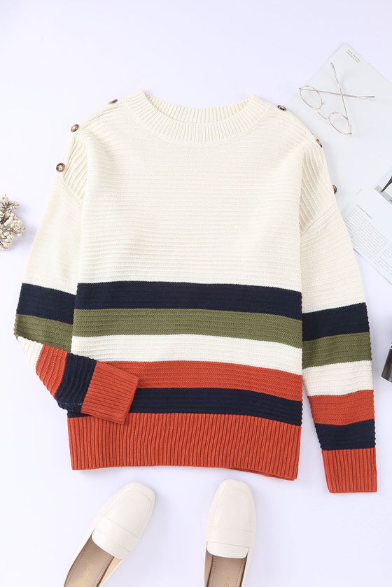 Colorblock Striped Button Drop Shoulder Pullover Sweater | Available