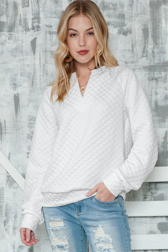 White Quilted V-Neck Solid Color Long Sleeve Top | Available in 4 Colors