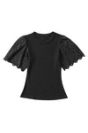 Black Eyelet Flutter Sleeve Crew Neck Ribbed Knit Top