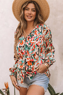  Multicolor Abstract Print Boho V Neck Shirred Cuffs Blouse