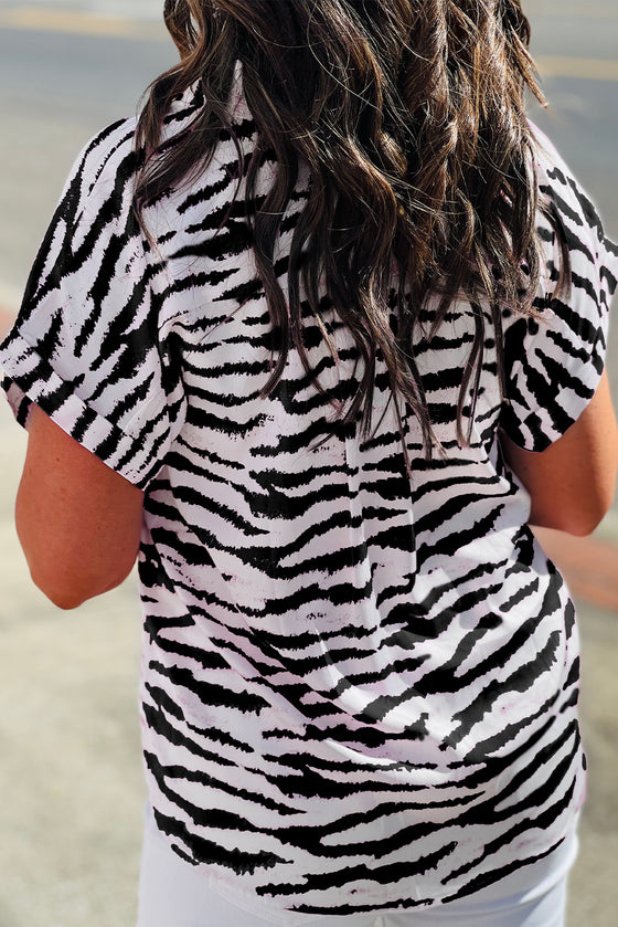 Pink Zebra Print V-Neck Roll Up Sleeve Blouse | Available in Black