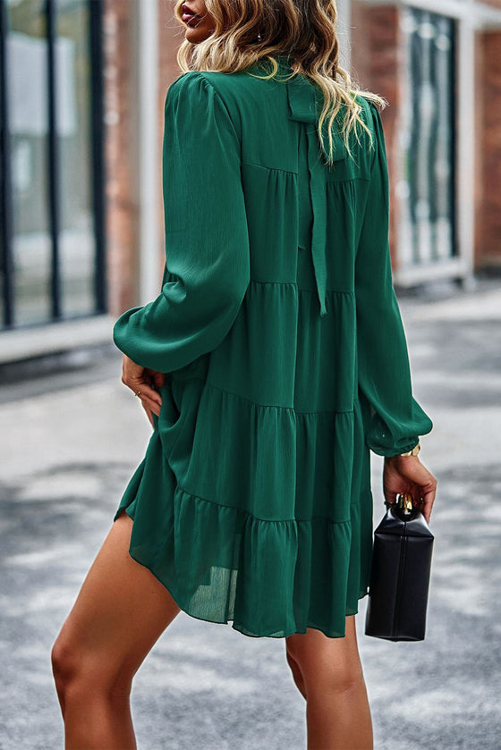 Green Mock Neck Solid Color Pleated Mini Dress