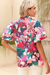 Rose Red Floral Print V Neck Lantern Sleeve Blouse