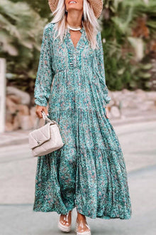  Sky Blue Paisley Print Long Sleeve Tiered Maxi Dress