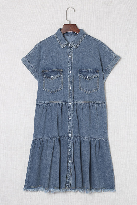 Blue Button Up Short Sleeve Denim Shirt Dress